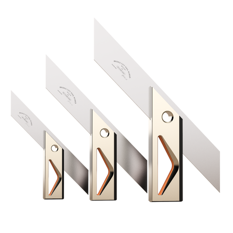 A set of three precision miter squares, with stainless steel blades and anodized aluminum handles, used for accurate woodworking and marking.