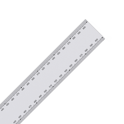 A set of one stainless steel SR series bench rules of different sizes, with laser-etched graduations 