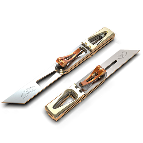 A set of two multi-functional tools, MT-1 and MT-2, with metallic finish and orange adjustment knobs, designed for precision layout work in woodworking.