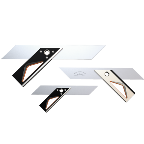A set of three precision miter squares, with stainless steel blades and anodized aluminum handles, used for accurate woodworking and marking.
