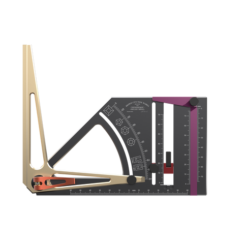 A multi-functional Universal Gauge with a protractor, height gauge, and marking gauge, among other features, with a metallic finish and wooden elements.