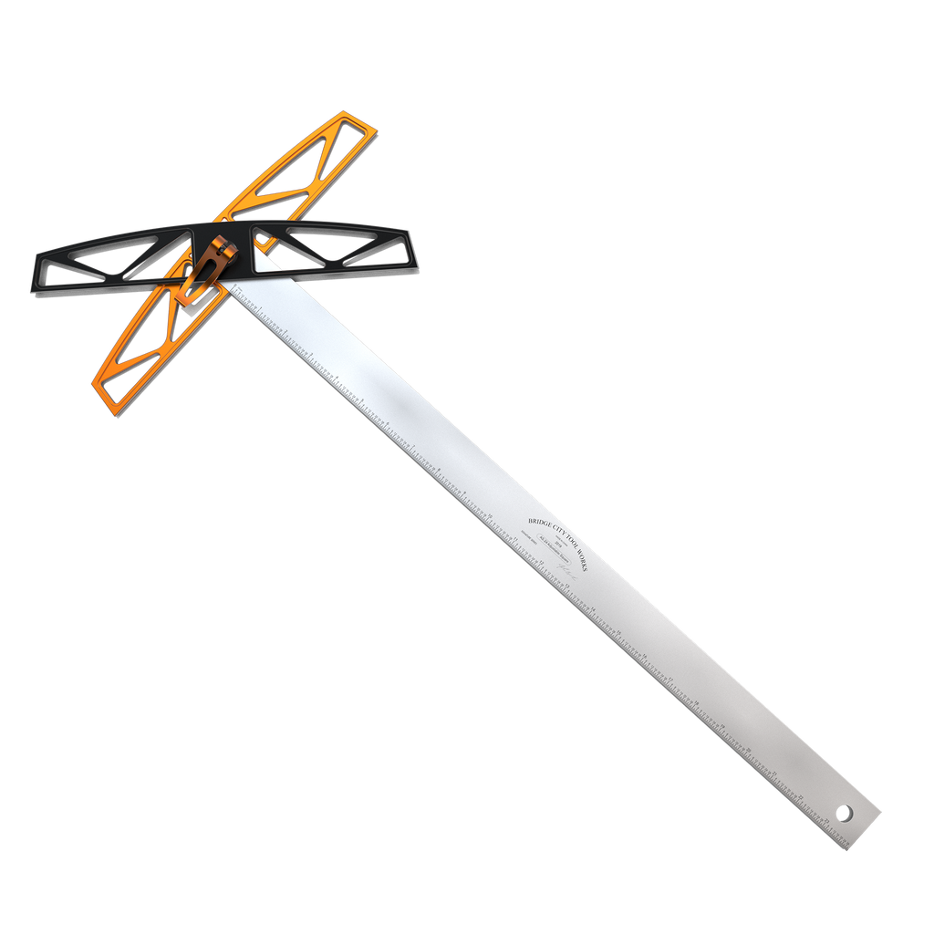 An adjustable square tool with a dual head design and a stainless steel ruler, primarily silver in color with black and orange accents.