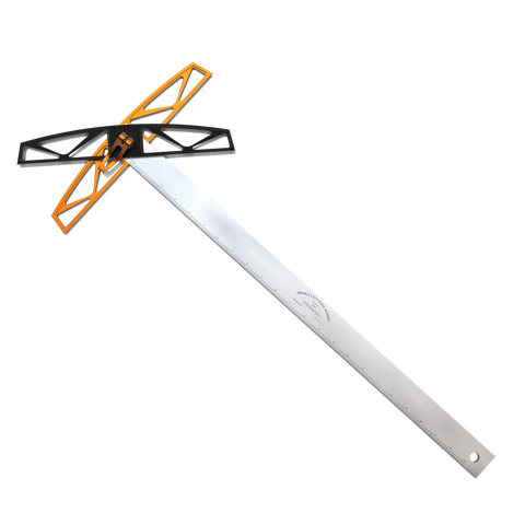 An adjustable square tool with a dual head design and a stainless steel ruler, primarily silver in color with black and orange accents.