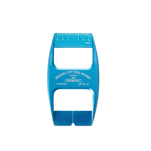blue magnetic cursor, designed for use with an adjustable square for making quick positioning marks on workpieces.