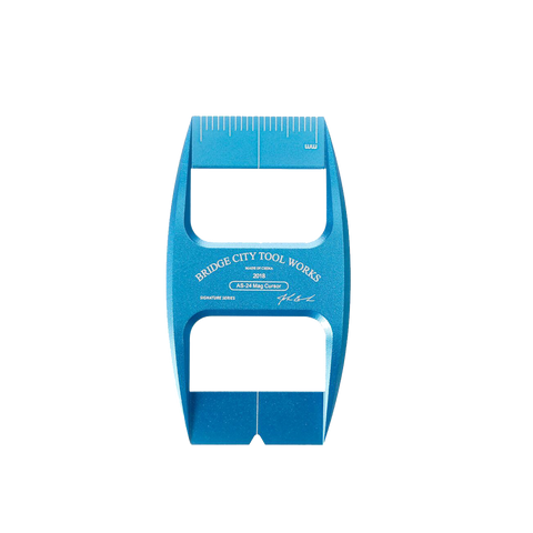 blue magnetic cursor, designed for use with an adjustable square for making quick positioning marks on workpieces.