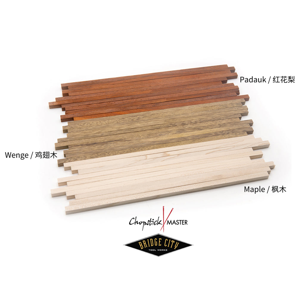 A selection of wooden chopstick blanks laid out in three groups, labeled Padauk, Wenge, and Maple, on a white background with the 'Chopstick Master' logo.