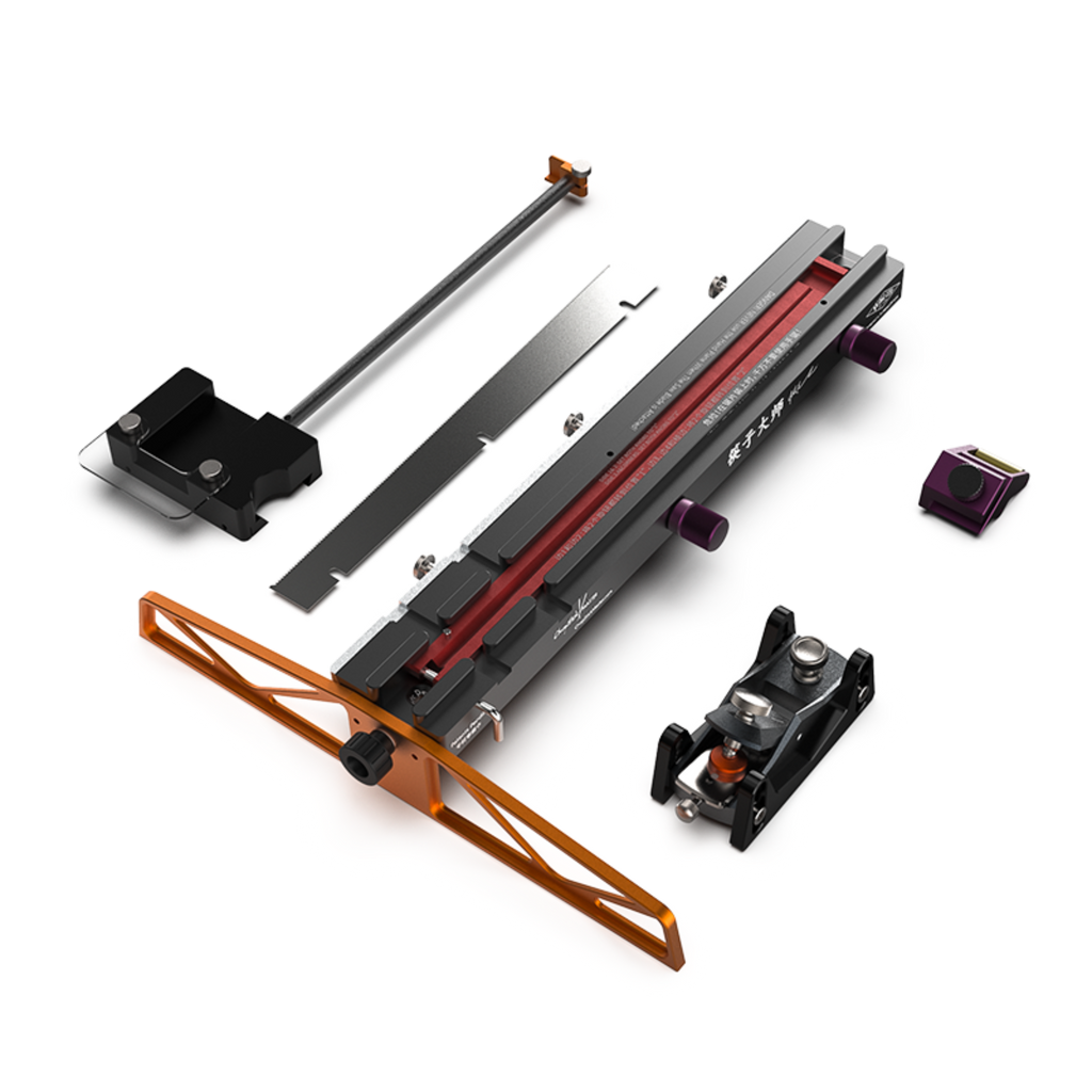 An image showing the components of the Chopstick Master tool set, which includes various jigs and tools for crafting chopsticks.