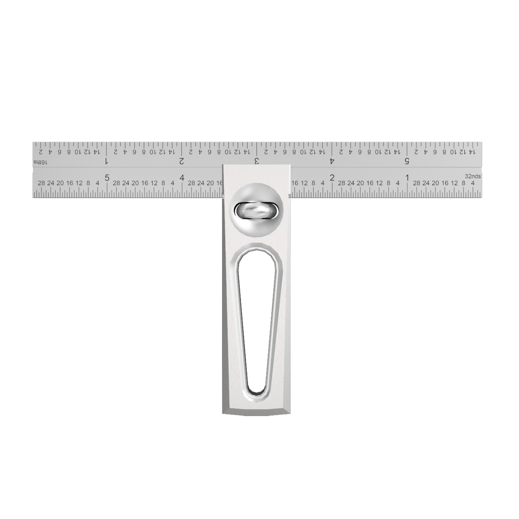 A DS-6v2 Double Square tool made of stainless steel with laser-etched graduations, featuring a try square, depth gauge, and a marking gauge.