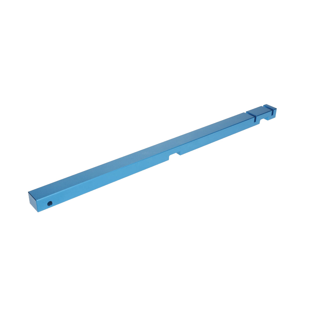 A blue flat stock planing arm designed for use with the Chopstick Master tool.