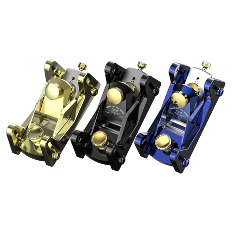 Three HP-8X Celebration Edition Mini Block Planes arranged side by side with different color finishes: black, blue, and gold.