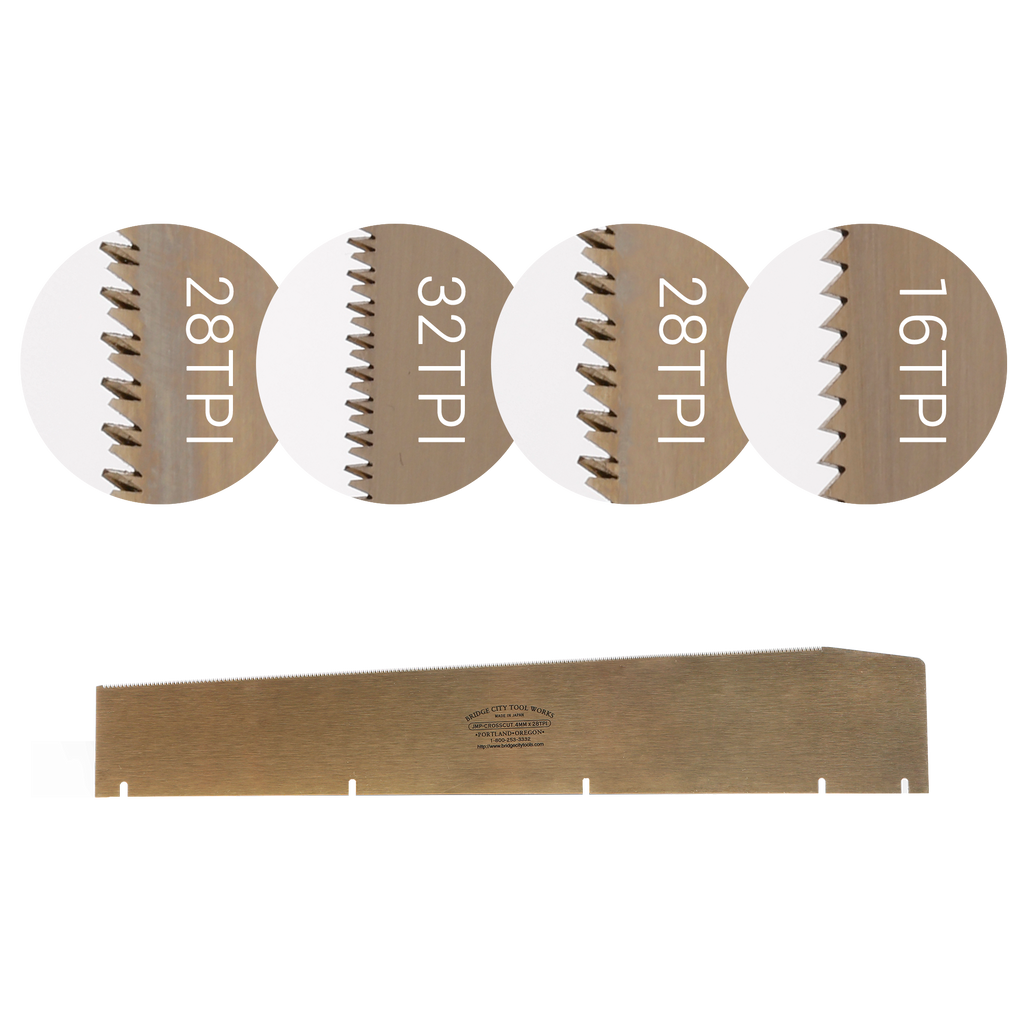A set of four saw blades with different teeth per inch (tpi) markings, indicating various blade specifications, placed next to their packaging box.
