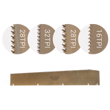 A set of four saw blades with different teeth per inch (tpi) markings, indicating various blade specifications, placed next to their packaging box.