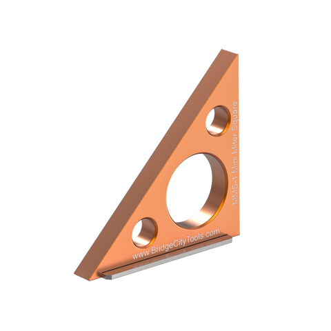 An orange Mini Miter Square tool made of aircraft grade aluminum alloy, used for measuring 90° and 45° bevel angles, with an adjustable sliding foot.