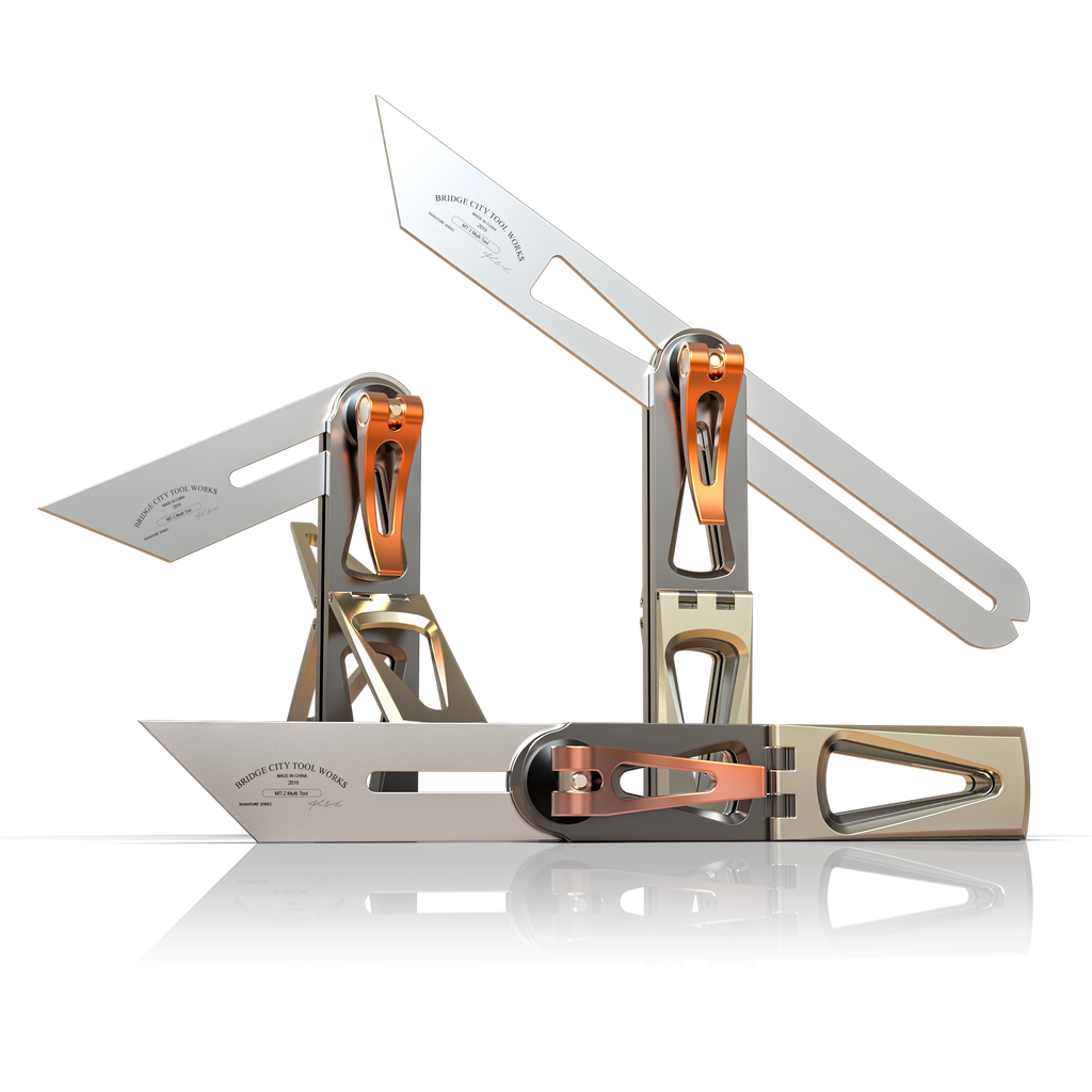 A set of two multi-functional tools, MT-1 and MT-2, with metallic finish and orange adjustment knobs, designed for precision layout work in woodworking.