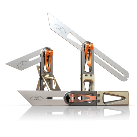 A set of two multi-functional tools, MT-1 and MT-2, with metallic finish and orange adjustment knobs, designed for precision layout work in woodworking.
