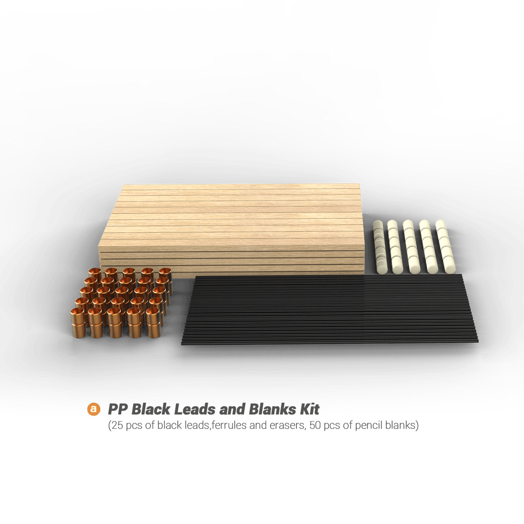 A set of black pencil leads, ferrules, erasers, and pencil blanks. 