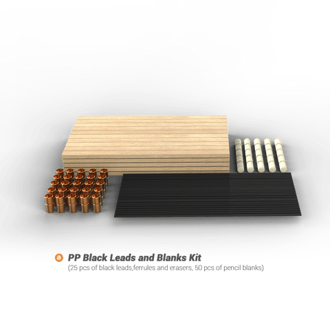 A set of black pencil leads, ferrules, erasers, and pencil blanks. 