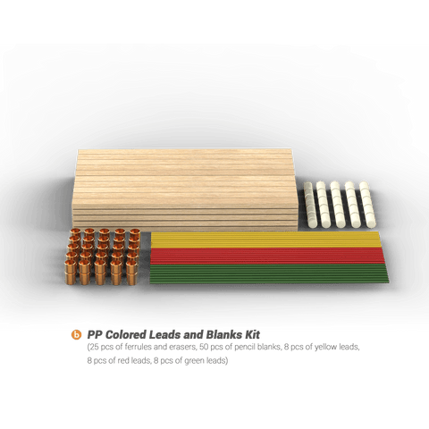 A set of colorful pencil leads, ferrules, erasers, and pencil blanks. 