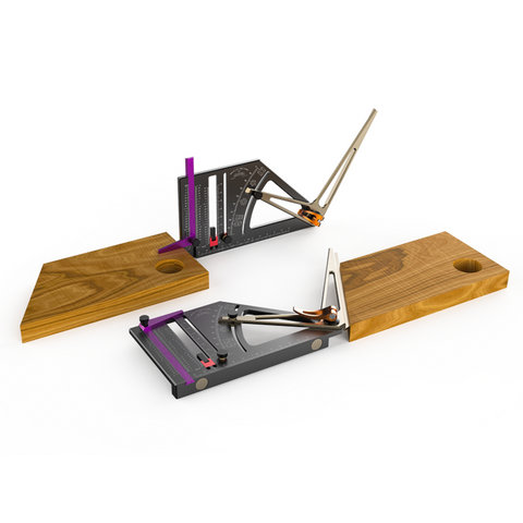 A multi-functional Universal Gauge with a protractor, height gauge, and marking gauge, among other features, with a metallic finish and wooden elements, showing on wood piece