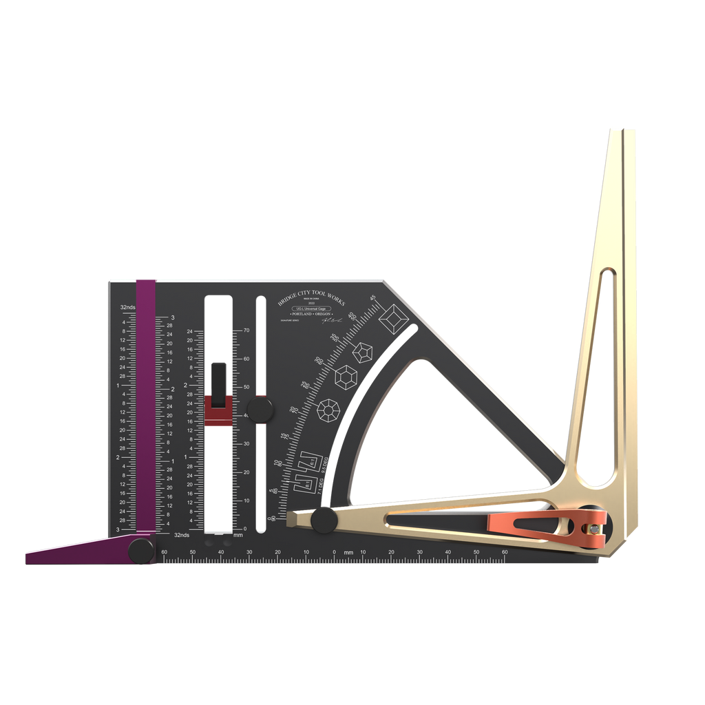 A multi-functional Universal Gauge with a protractor, height gauge, and marking gauge, among other features, with a metallic finish and wooden elements.