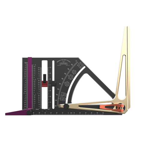 A multi-functional Universal Gauge with a protractor, height gauge, and marking gauge, among other features, with a metallic finish and wooden elements.