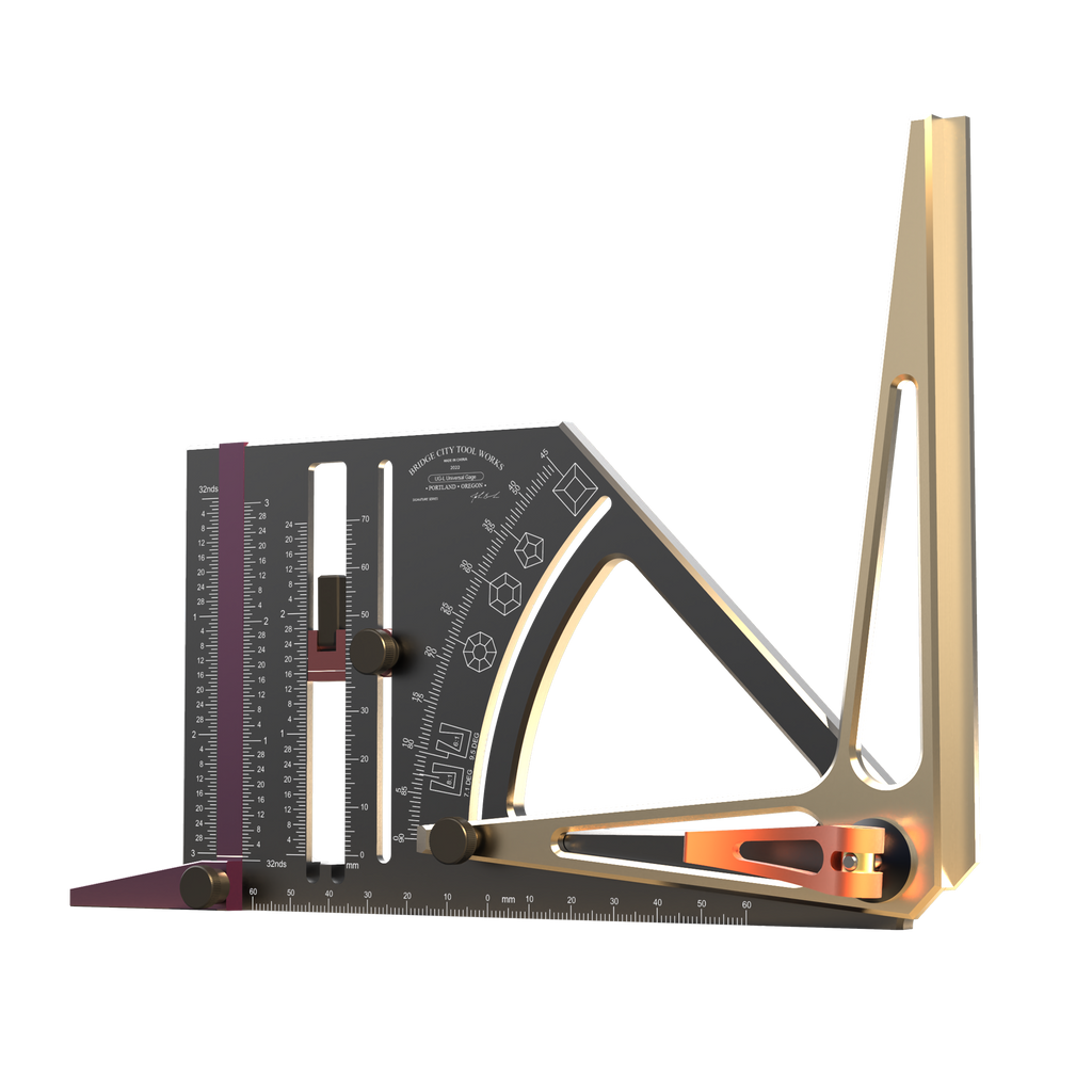 A multi-functional Universal Gauge with a protractor, height gauge, and marking gauge, among other features, with a metallic finish and wooden elements.