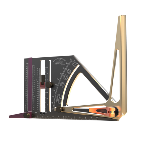A multi-functional Universal Gauge with a protractor, height gauge, and marking gauge, among other features, with a metallic finish and wooden elements.