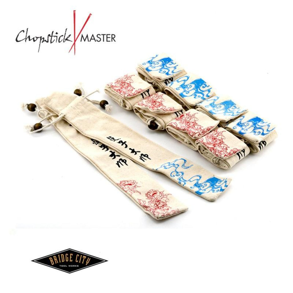 A set of chopstick master sleeves with various patterns, predominantly in blue and red, displayed on a white background.